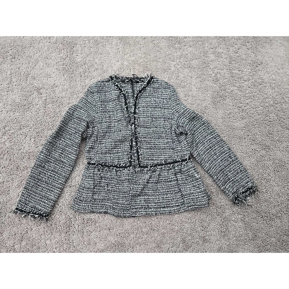 Zara Blazer Womens S Black White Textured Tweed Open Front Peplum Frayed Detail